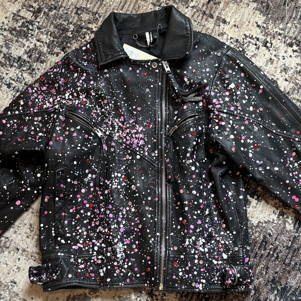 NWT Topshop 100% leather splatter paint and rhinestone jacket